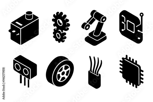 Vector illustration icon set displaying various technology and engineering elements including gears, robots, and circuits
