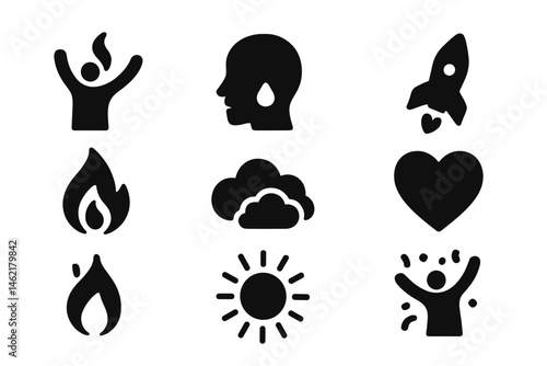 Creative vector illustration icons showcasing emotions, energy, and aspirations in a dynamic design layout