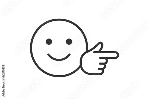 Vector illustration icon depicting a smiling face with a hand pointing to the right, suggesting positivity and encouragement