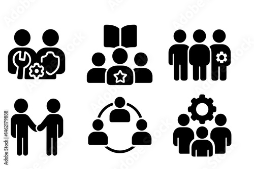 Vector illustration icons of teamwork, collaboration, and support in professional settings depicting various activities and interactions