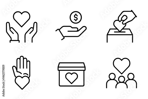 Vector illustration of symbols representing charity, community support, and giving in various activities