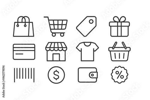 Vector illustration icon set featuring shopping and retail elements including bags, carts, tags, and more for a modern design