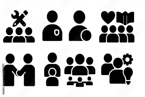 Vector illustration icons representing teamwork, cooperation, and community engagement in various activities and scenarios