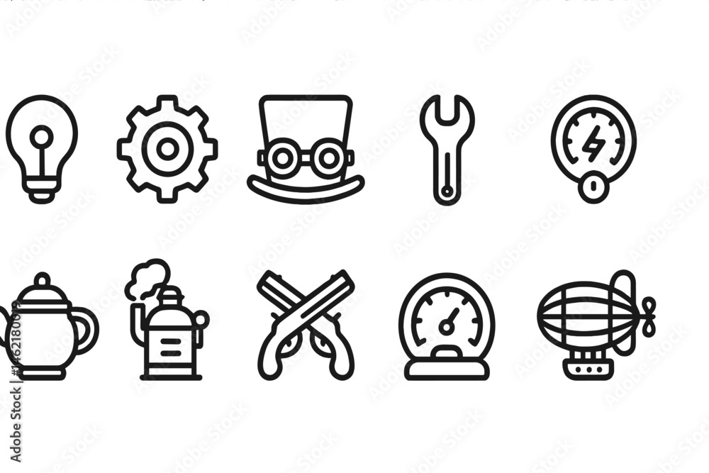 Creative vector illustration featuring steampunk elements including tools, gadgets, and iconic symbols Creative vector illustration featuring steampunk elements including tools, gadgets, and iconic symbols
