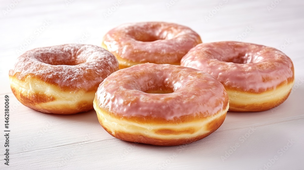 Four glazed donuts with pink icing on a light wooden surface, close-up composition, studio lighting, and fresh bakery concept. Four glazed donuts with pink icing on a light wooden surface, close-up composition, studio lighting, and fresh bakery concept.