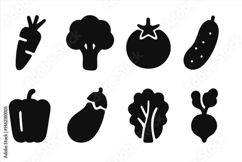 Vector illustration icon featuring a variety of vegetables like carrots, broccoli, and tomatoes in a sleek black design