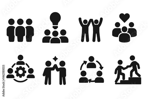 Vector illustration icons depicting group activities, teamwork, and collaboration in various scenarios