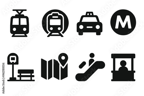 Vector illustration icons depicting various modes of urban transportation and navigation tools for city travel
