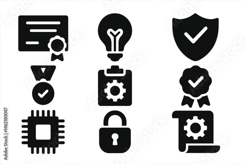 Vector illustration icons representing technology, security, and achievement elements in a modern digital context