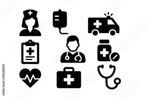 Vector illustration icons representing healthcare elements and medical professionals in various settings