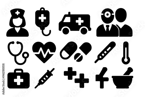 Icon set representing healthcare symbols including medical professionals, equipment, and emergency services in vector format