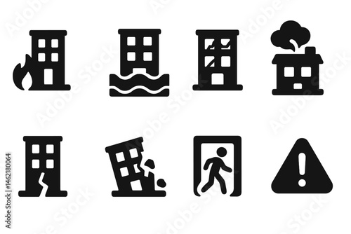 Set of vector icons depicting various building hazards shown through symbols of fire, flooding, and structural damage