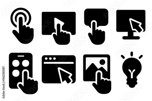 Vector illustration icons depicting various hand gestures for interactive technology and digital interfaces