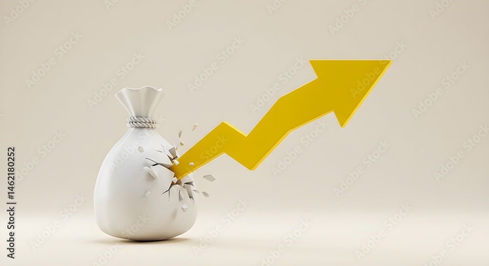 A yellow arrow shatters a money bag, symbolizing growth and breaking financial barriers.
