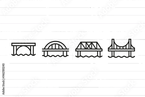 Vector illustration of various bridge designs over water showcasing different architectural styles and structures