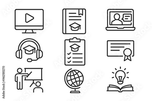 Online education icons illustrating diverse learning tools and activities for students in a digital environment