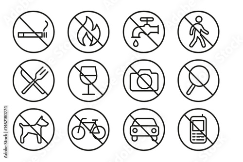 Prohibited activities and items illustrated in vector symbols for public places