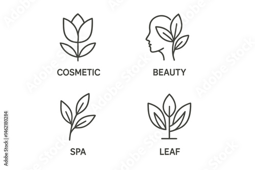 Leaf design icons representing beauty, cosmetic, and spa themes in a minimalist vector illustration style