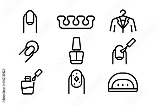 Vector illustration icons depicting various manicure and salon elements including nail care tools and accessories