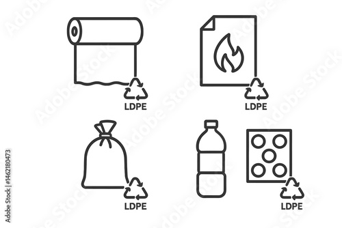 Vector illustration of recycling symbols for low-density polyethylene items including bags, bottles, film, and sheets