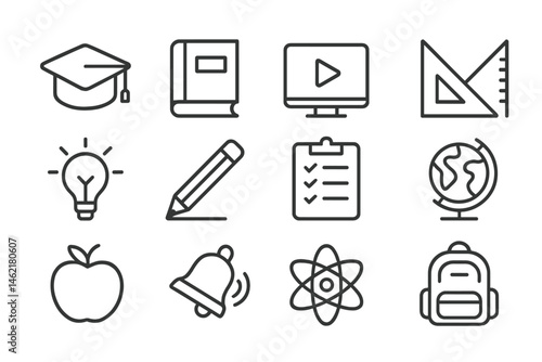 Educational vector icons representing various learning elements in a simple and modern design for academic themes