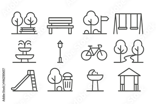 Vector illustration of various park elements including trees, benches, swings, and fountains in a recreational setting