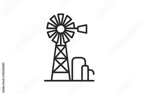 Vector illustration of a windmill and water pump set in a rural landscape