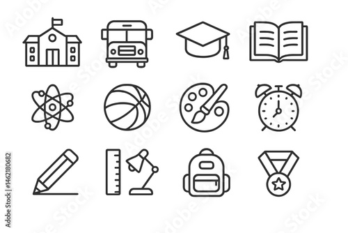 Educational icons representing various aspects of learning in a simple vector style