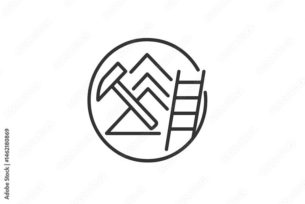 Vector illustration of mining tools featuring a pickaxe, mountains, and a ladder, representing exploration and extraction efforts Vector illustration of mining tools featuring a pickaxe, mountains, and a ladder, representing exploration and extraction efforts