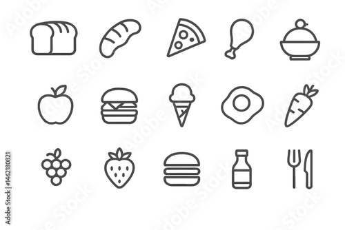 Vector illustration set of various food icons including bread, pizza, fruits, and snacks in a minimalist style