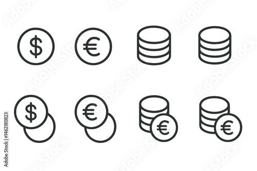 Currency symbols and coin stacks in vector illustration representing different monetary values and exchanges for economic concepts