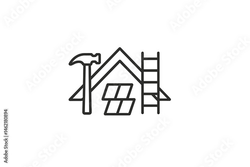 Vector illustration of a house under construction featuring a hammer, solar panels, and a ladder for renovation activities