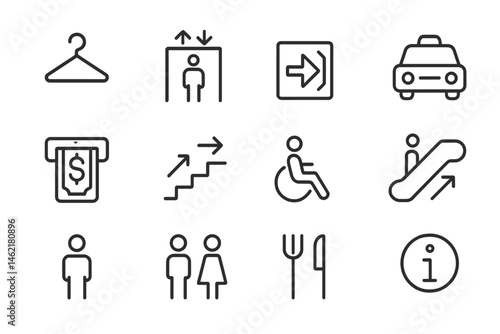 Vector illustration icon set featuring various transportation and accessibility symbols commonly found in public spaces