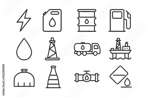 Icon collection of energy and oil-related symbols showcasing various fuel sources and transportation methods in a minimalist design
