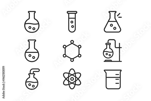 Vector illustration icons of laboratory equipment and scientific symbols for educational and informational use