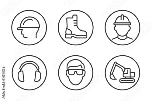 Vector illustration icons representing safety gear and equipment for construction workers and industrial settings