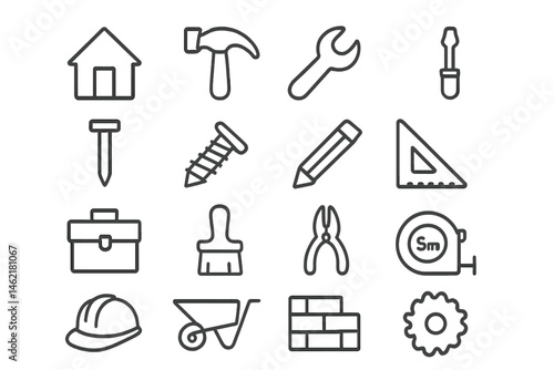 Collection of vector icons depicting tools and construction elements for home improvement projects