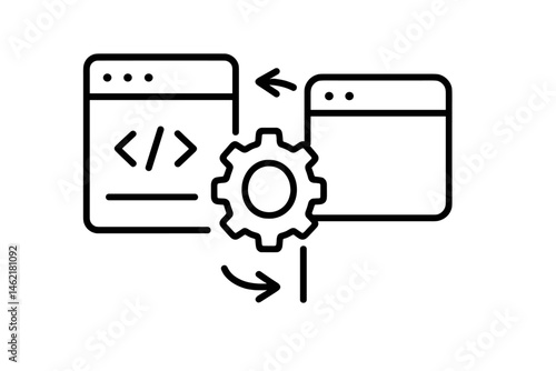 Vector illustration of two browser windows exchanging data through a gear symbol, representing web development and coding activities