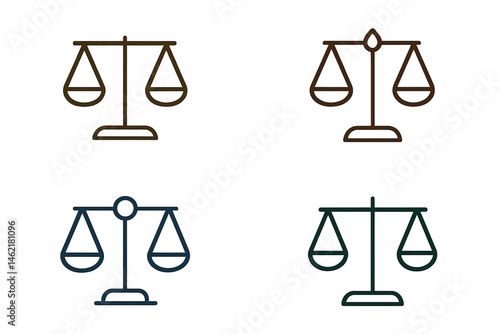 Different styles of vector illustration icons depicting balanced scales representing justice and fairness in various designs