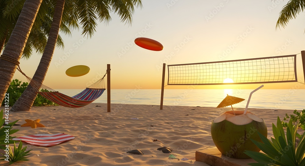 Beach sunset scene with hammock, volleyball net, and coconut drink.