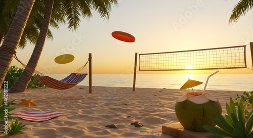 Obraz na płótnie Beach sunset scene with hammock, volleyball net, and coconut drink. w salonie