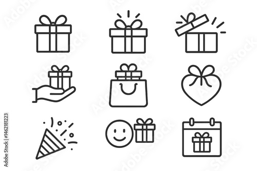 Vector illustration icons showcasing various gift symbols, present boxes, and celebratory elements for festive occasions