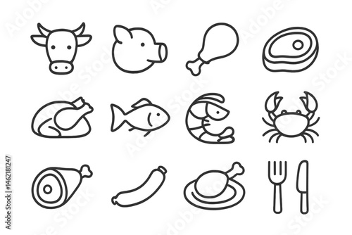 Collection of vector icons depicting various meats including beef, pork, chicken, fish, and seafood on a simple background