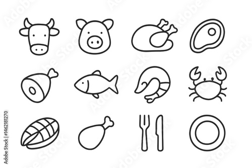 Vector icons representing various types of meat and seafood for culinary illustrations or food-related projects