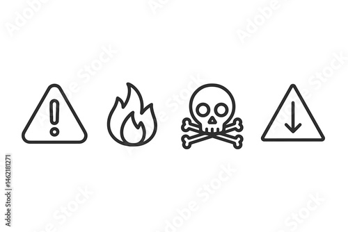 Warning icons representing various hazards including caution, fire, toxic substance, and danger sign in a vector illustration format