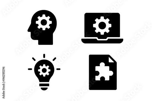 Creative vector illustration of icons representing technology, problem solving, and innovation in a modern context