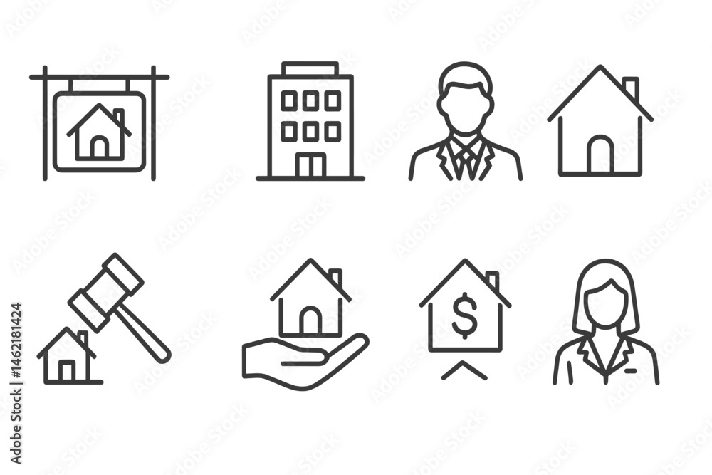 Real estate vector illustration icons representing various aspects of property transactions and management activities Real estate vector illustration icons representing various aspects of property transactions and management activities