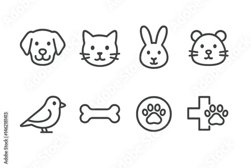 Vector illustration icons featuring various pet animals and pet care symbols for animal lovers and veterinary use