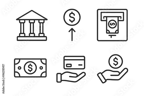 Financial services vector illustration depicting banking icons such as cash, ATM, and transactions in simple line art style