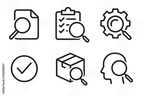 Vector illustration icons depicting various elements of analysis, inspection, and evaluation in a clear and concise style